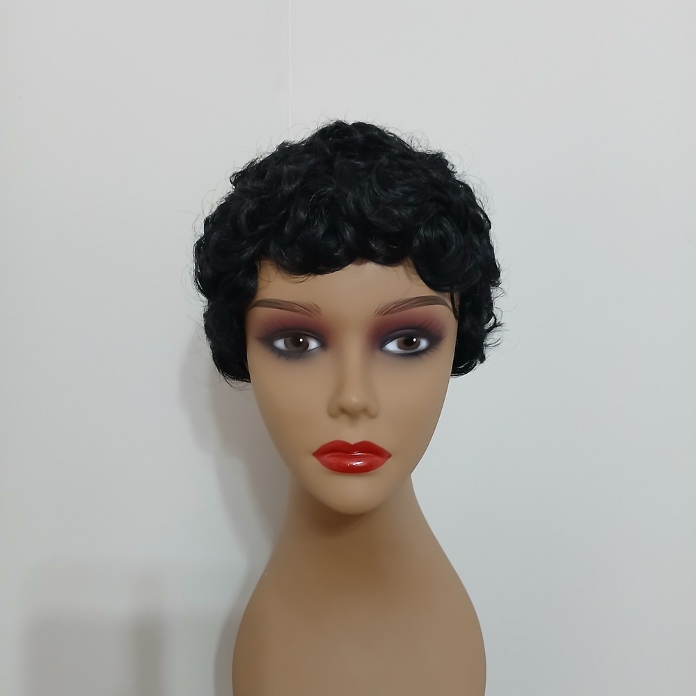 Glueless Natural Black Curly Pixie Cut Wig Human Blend NEW